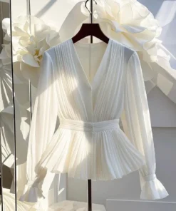 Vneck White Long Sleeve Button Up Women Shirt Women Chiffon
